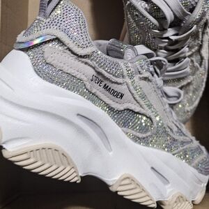 Steve Madden Permit Rhinestone Gray/Tan Embellished Sneaker